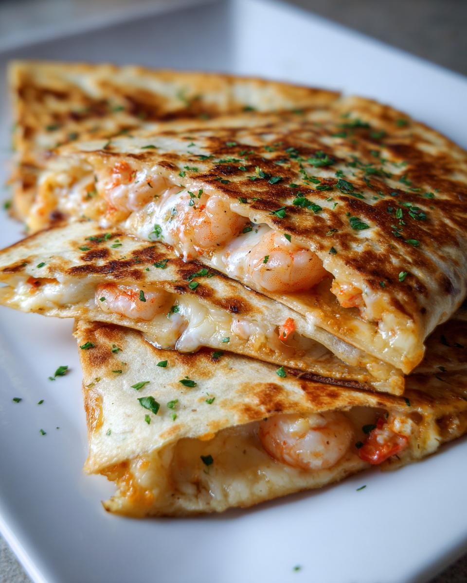 Close-up of cheesy, golden-brown shrimp quesadilla wedges stacked on a white plate, filled with plump shrimp.