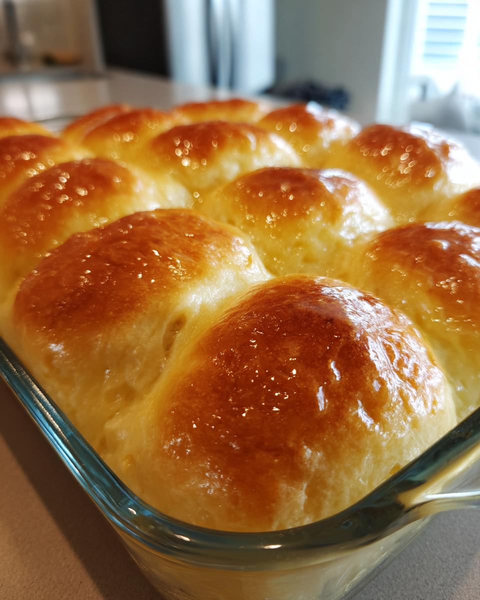 Close-up of freshly baked, golden brown soft rolls with a shiny glaze in a clear glass baking dish.