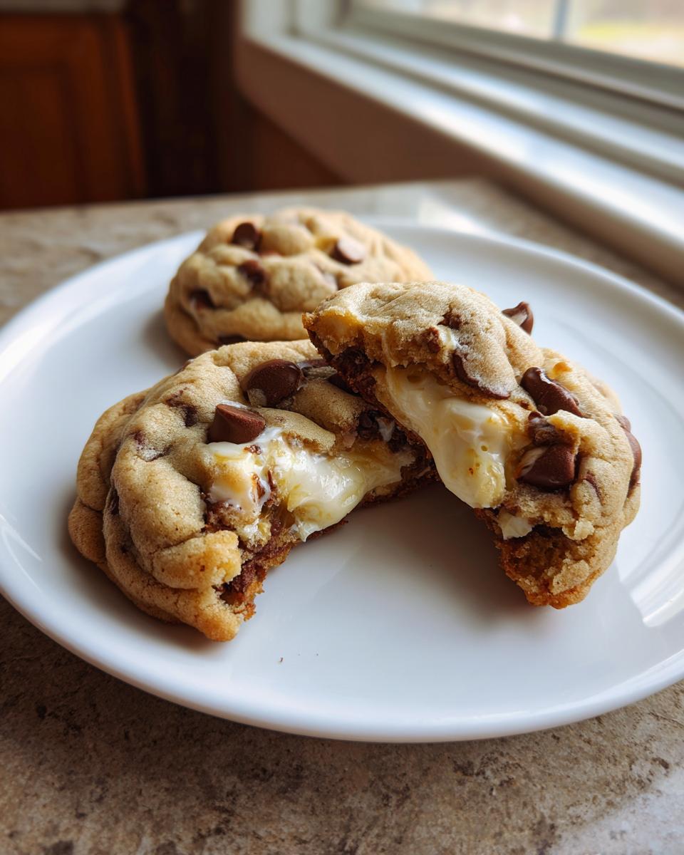 Close-up of a chocolate chip cheesecake cookie broken in half showing the molten cheesecake filling.