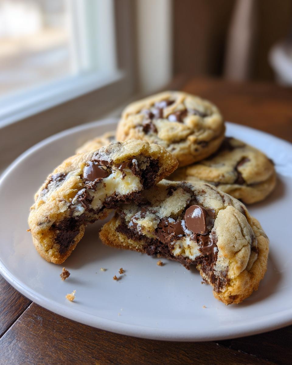 A chocolate chip cheesecake cookie broken in half showing the melted chocolate and creamy cheesecake filling.