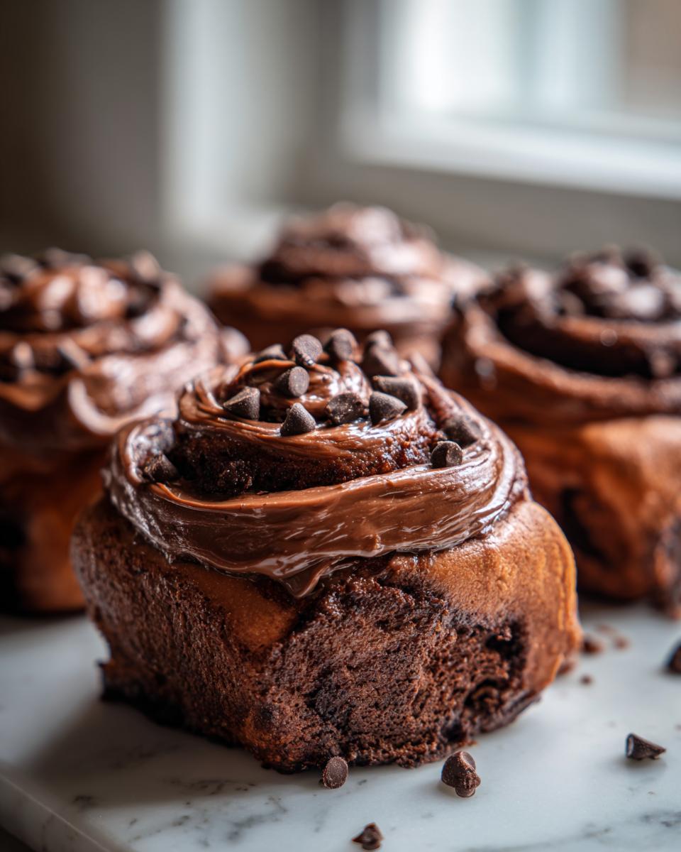 A close-up of a rich, gooey chocolate cinnamon roll topped with chocolate frosting and mini chocolate chips.
