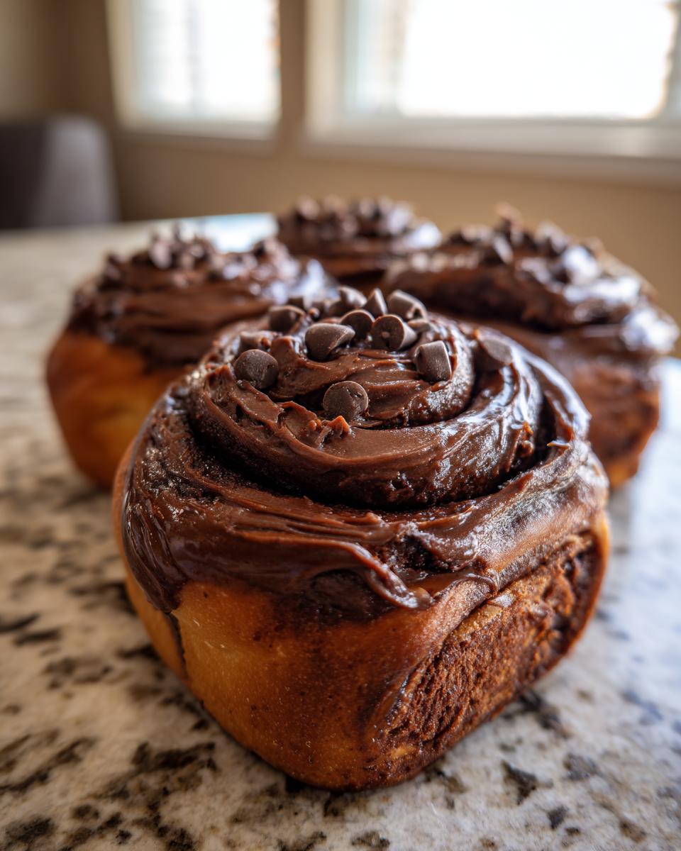 Close-up of gooey chocolate cinnamon rolls topped with rich frosting and mini chocolate chips.
