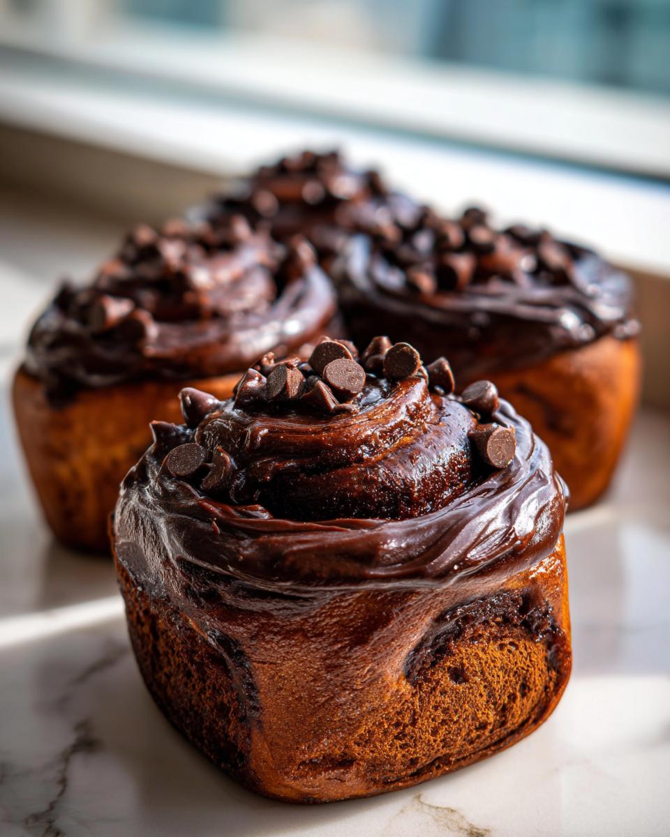 Close-up of a gooey chocolate cinnamon roll topped with rich frosting and chocolate chips.