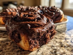 Close-up of a gooey chocolate cinnamon roll topped with thick chocolate frosting and mini chocolate chips.