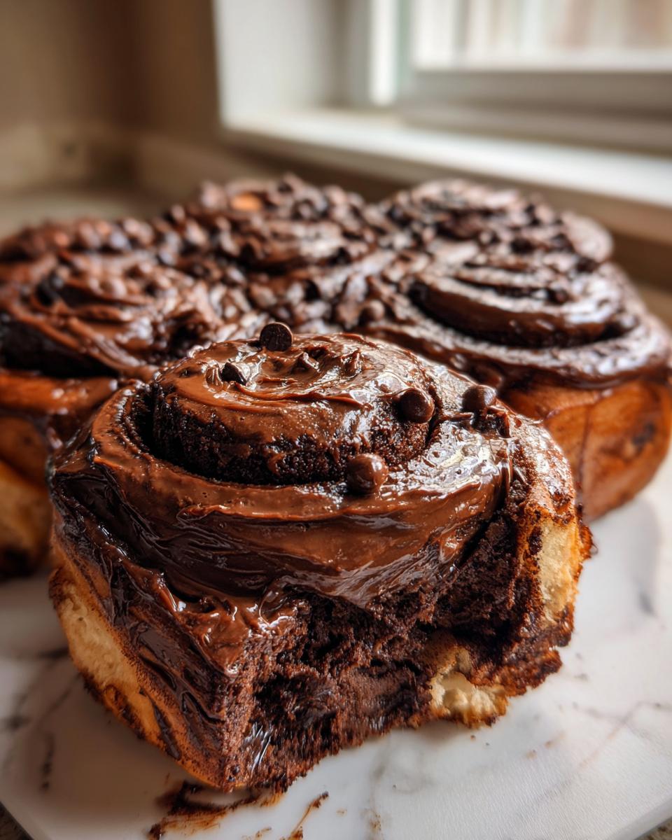 A close-up of gooey chocolate cinnamon rolls, one with a bite taken out, generously topped with rich chocolate frosting and chips.