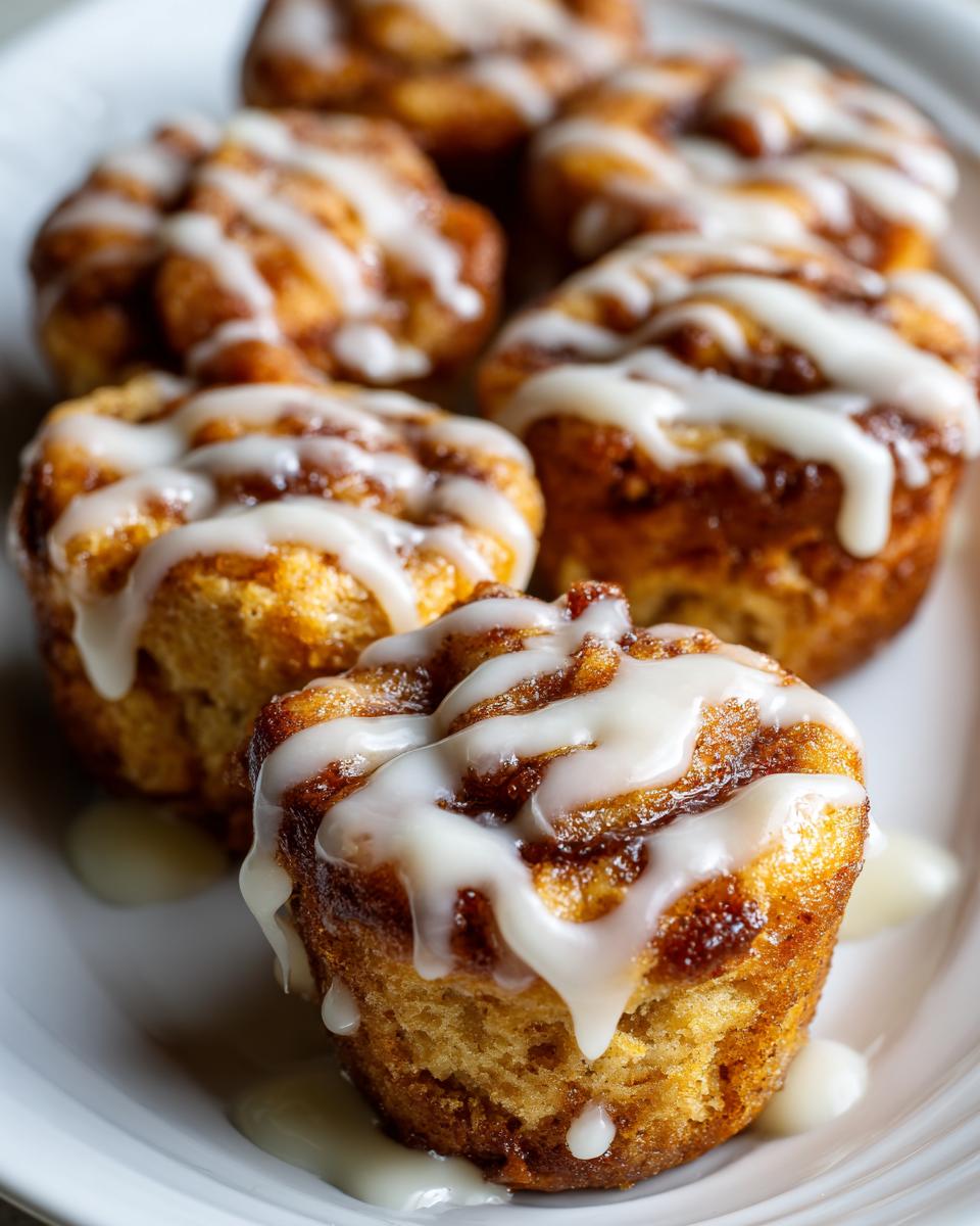 Close-up of several gooey cinnamon roll bites drizzled generously with white icing on a white plate.