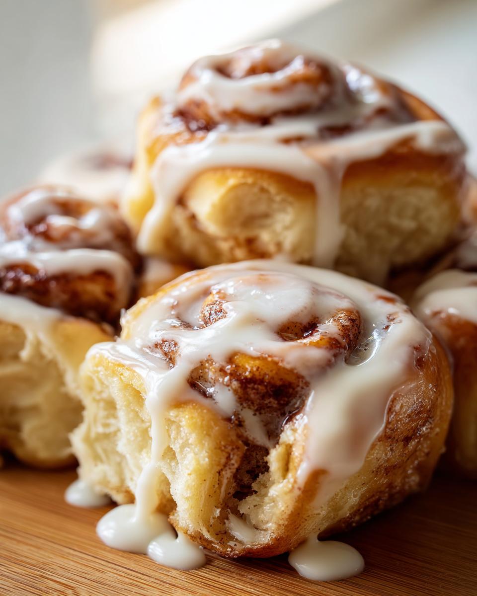 Close-up of soft, gooey cinnamon roll bites covered in dripping white icing.