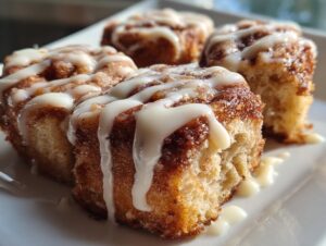 Close-up of four gooey cinnamon roll bites drizzled heavily with white icing on a white plate.