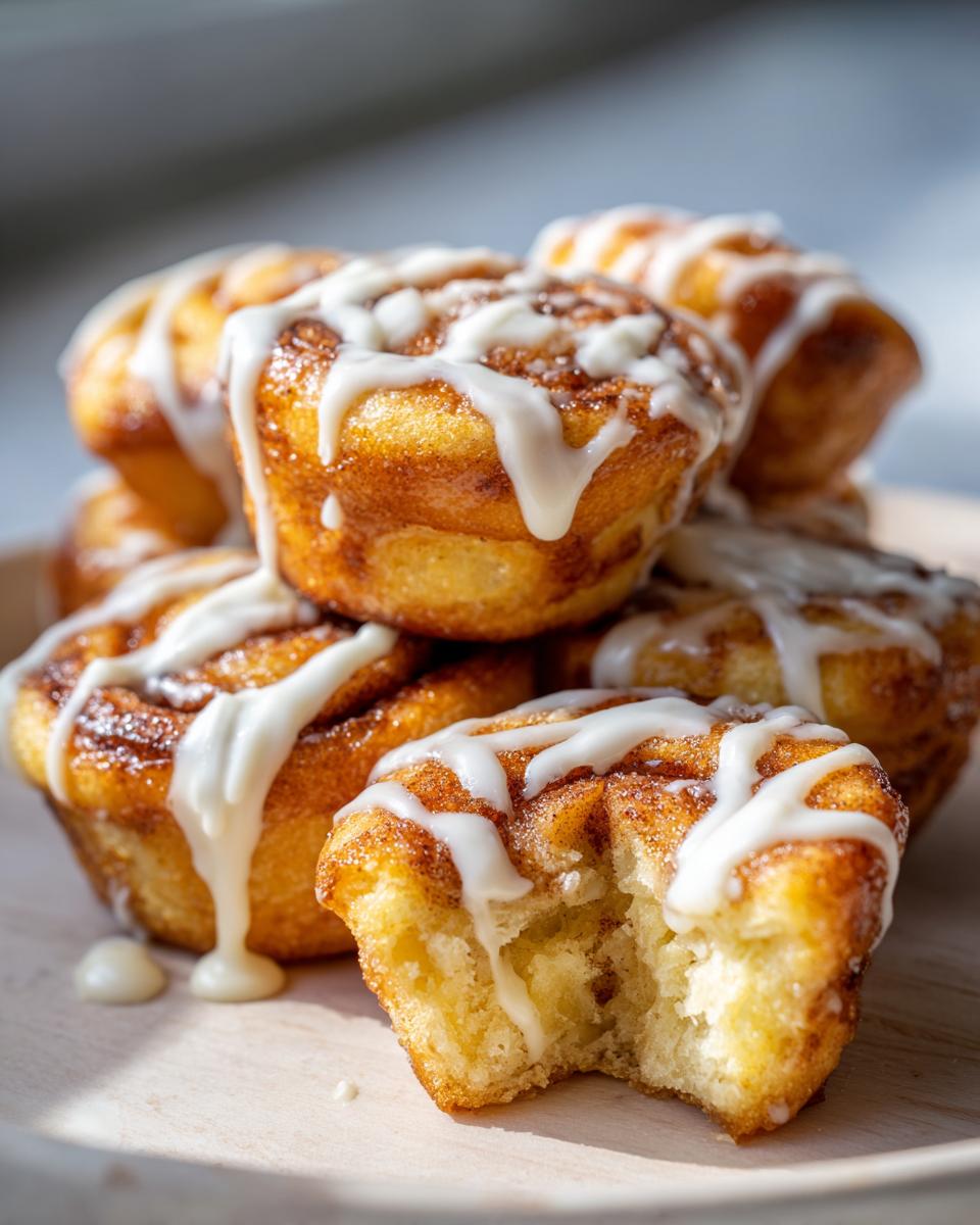 A stack of gooey cinnamon roll bites drizzled with white icing, one bite taken out of the front one.
