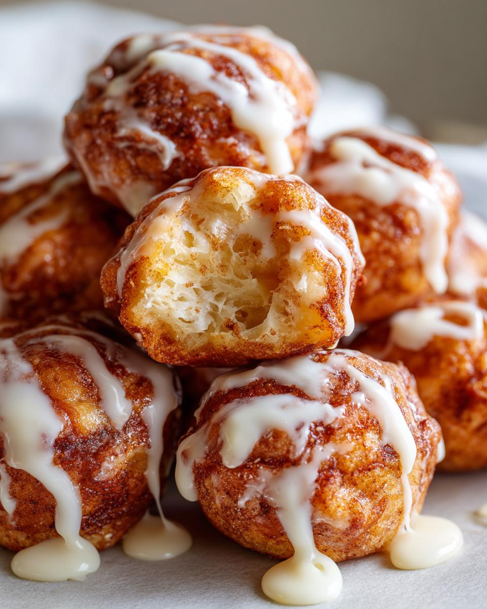 Close-up of a stack of gooey cinnamon roll bites drizzled heavily with white icing.