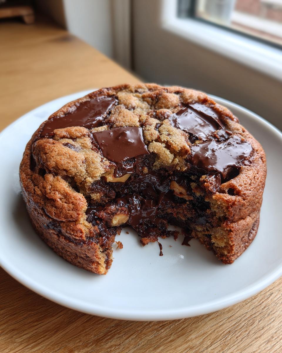 A thick, gooey levain bakery chocolate chip cookie with a bite taken out, showing melted chocolate chunks.