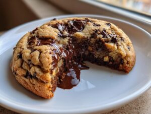 A thick, warm levain bakery chocolate chip cookie cut in half showing molten chocolate oozing onto a white plate.