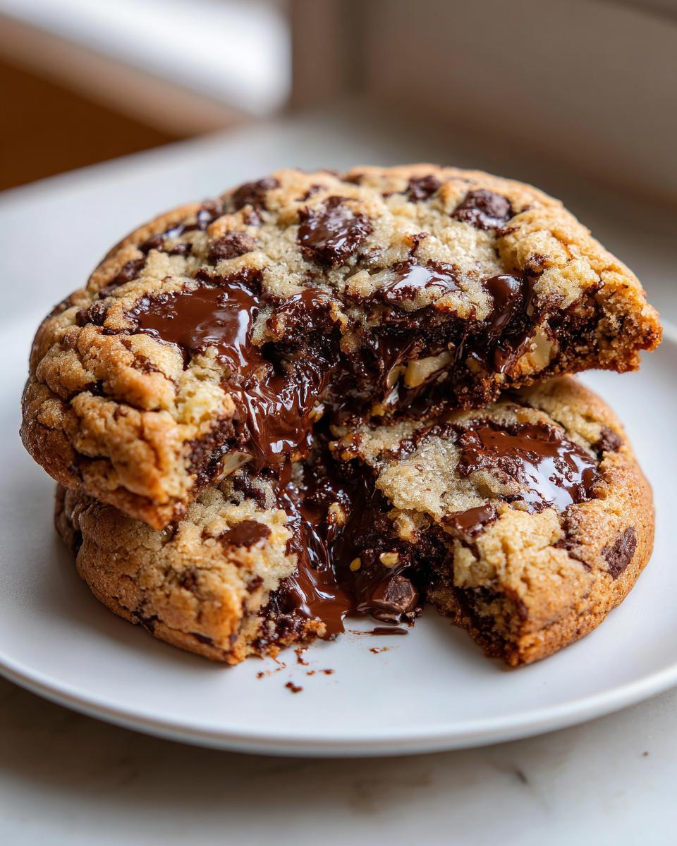 Two thick levain bakery chocolate chip cookies stacked, broken open to show molten, gooey chocolate center.