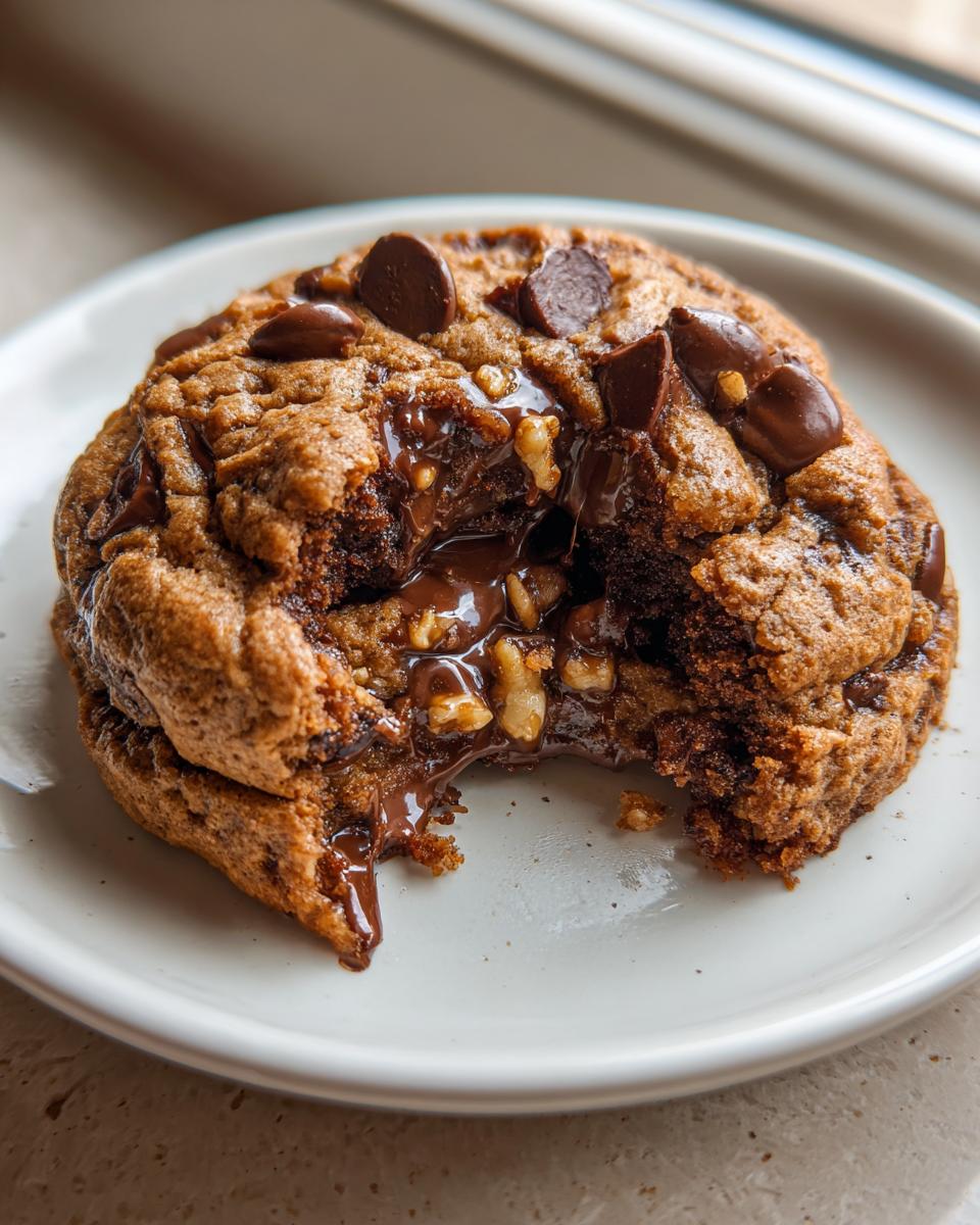 Close-up of a thick, gooey levain bakery chocolate chip cookie broken in half, showing melted chocolate and walnuts.