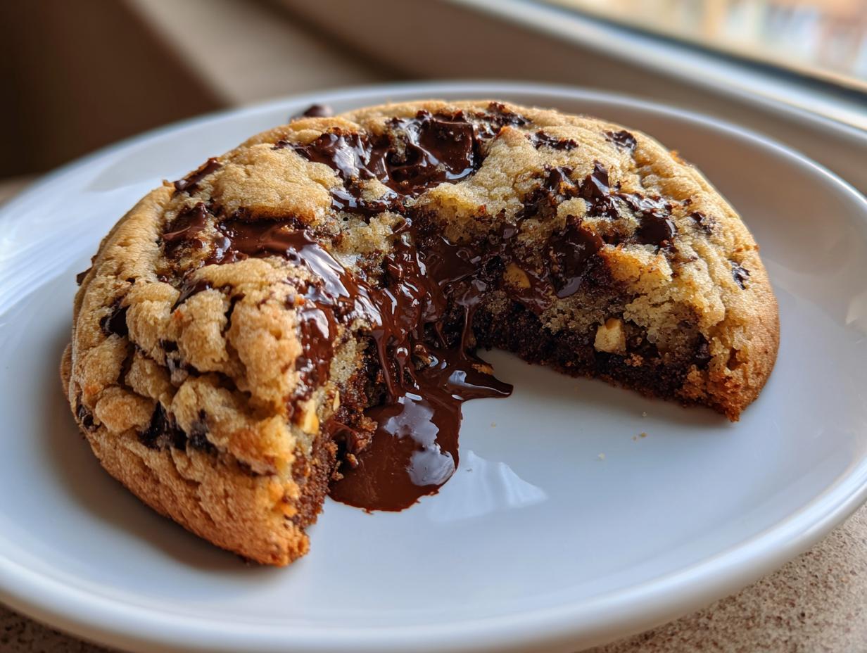 A thick, warm levain bakery chocolate chip cookie cut in half showing molten chocolate oozing onto a white plate.