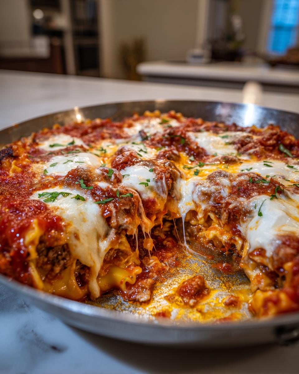A mouthwatering close-up of gooey, melted cheese stretching out of a serving of one-pan skillet lasagna in a metal pan.