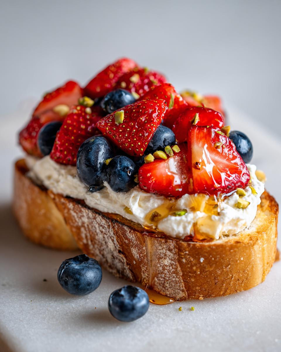 Close-up of a slice of toasted bread topped with creamy ricotta, fresh strawberries, blueberries, and drizzled with honey, making perfect ricotta toast.