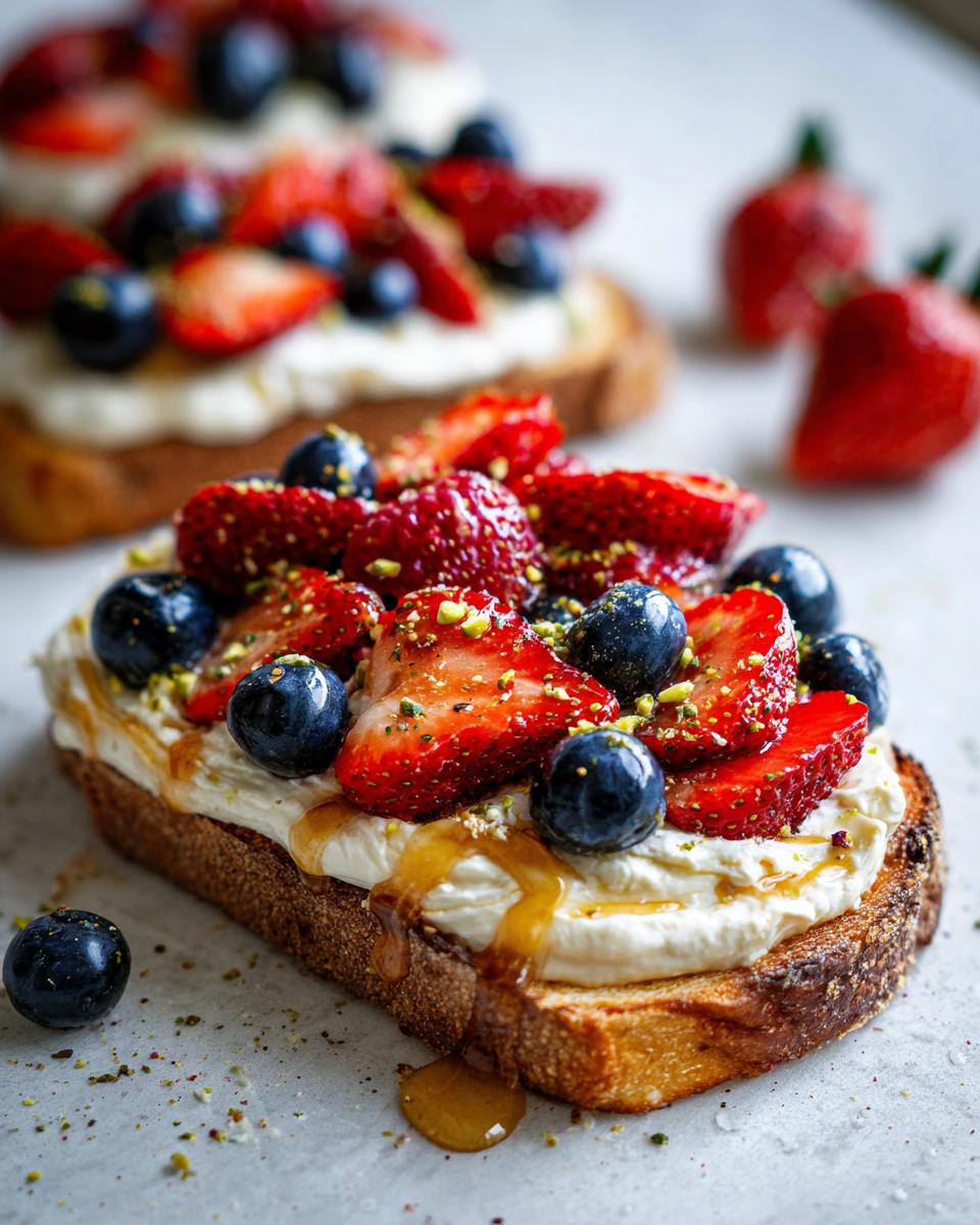 Close-up of gourmet ricotta toast topped with fresh strawberries, blueberries, honey drizzle, and pistachios.