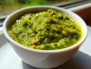Close-up of a bright green tomato salsa, chunky and textured, served in a small white bowl.