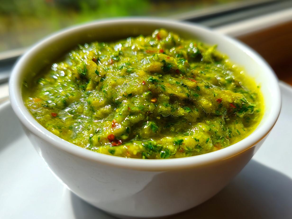 Close-up of a bright green tomato salsa, chunky and textured, served in a small white bowl.
