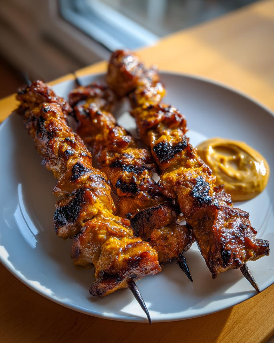 Three golden-brown, slightly charred chicken skewers resting on a white plate next to a dollop of dipping sauce.