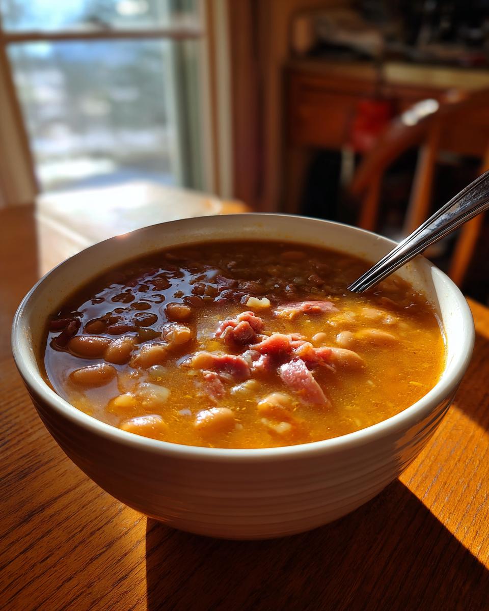 A close-up of a white bowl filled with savory navy bean soup topped with chunks of ham, sitting on a wooden table near a sunlit window.