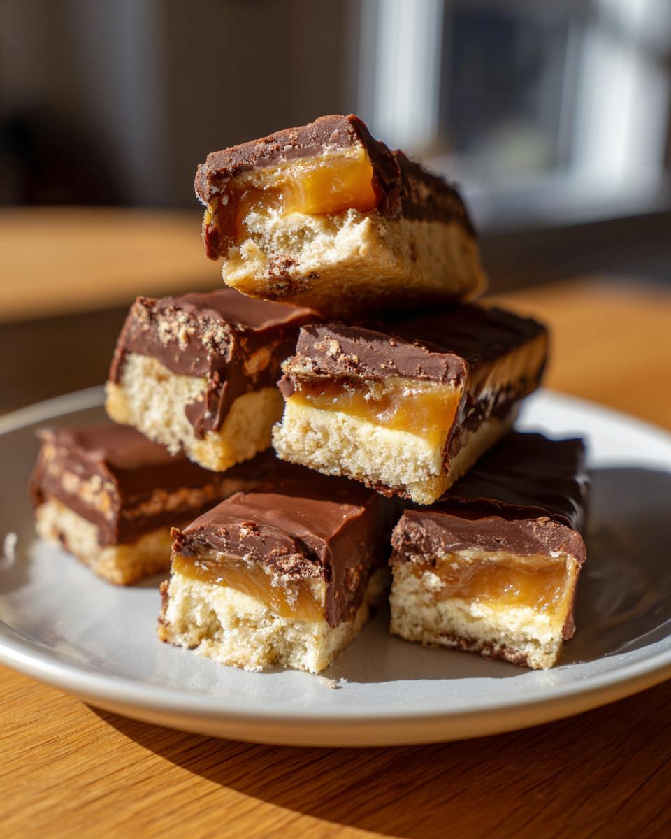 A stack of homemade twix bars showing shortbread, caramel, and chocolate layers.