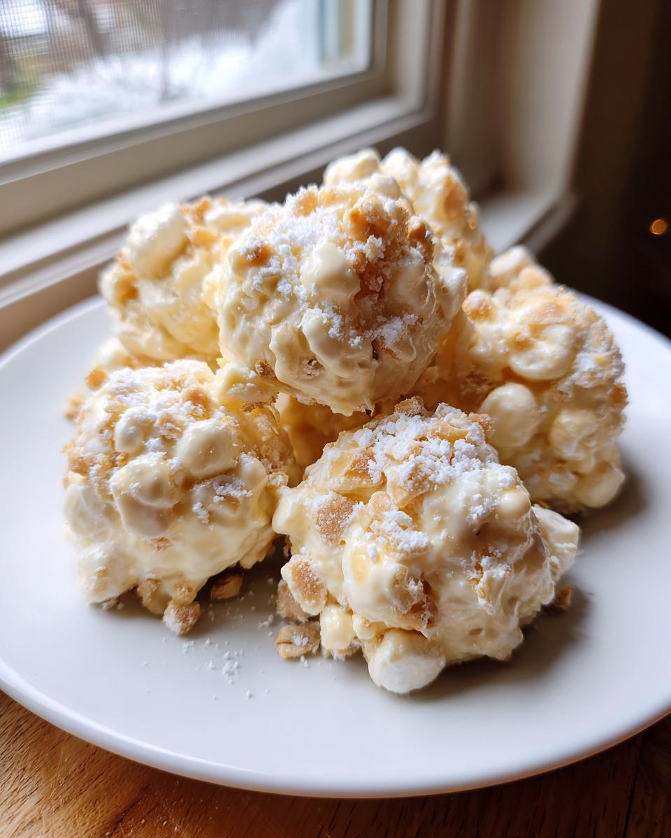 A pile of creamy, white avalanche cookies dusted with powdered sugar and crushed nuts on a white plate.