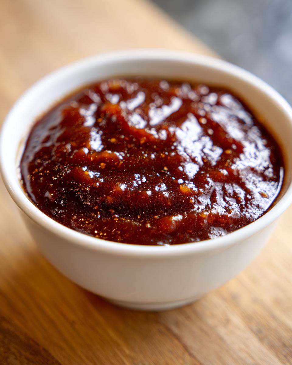 A close-up shot of thick, glossy homemade bbq sauce served in a small white dipping bowl.