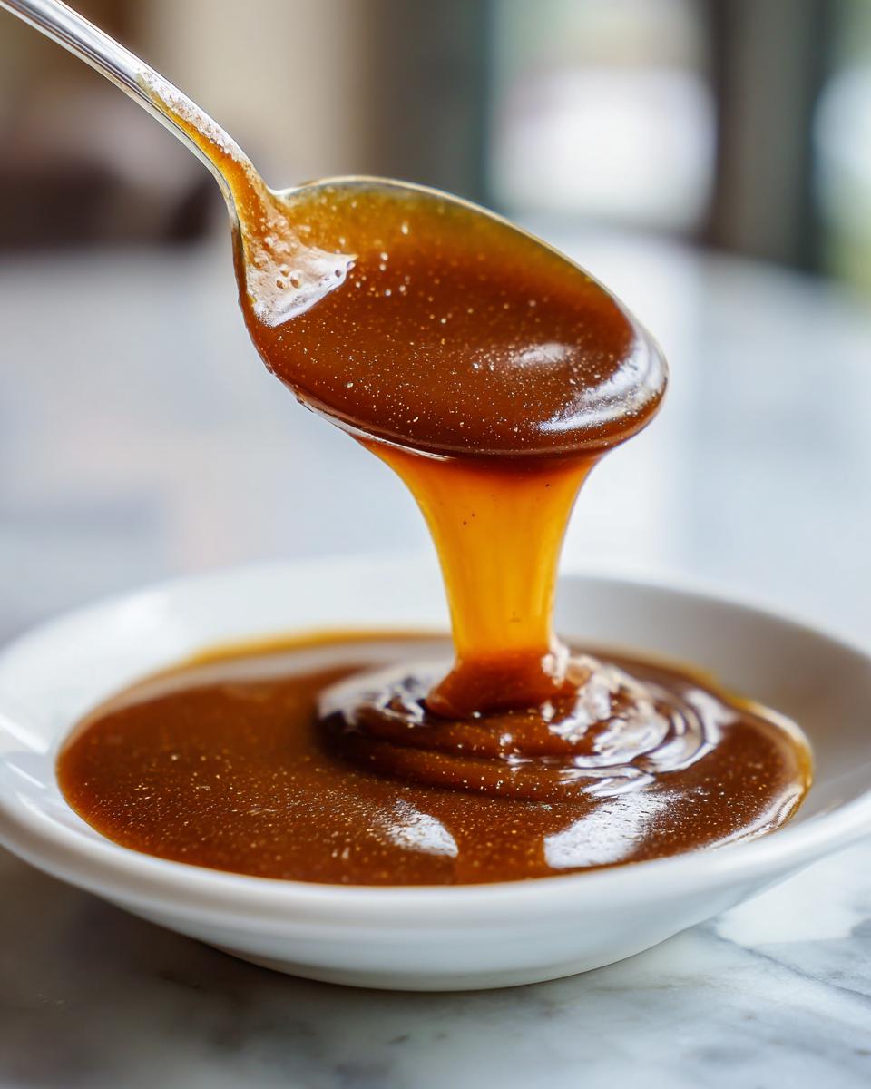 Close-up of thick, rich homemade brown gravy being spooned into a small white bowl.