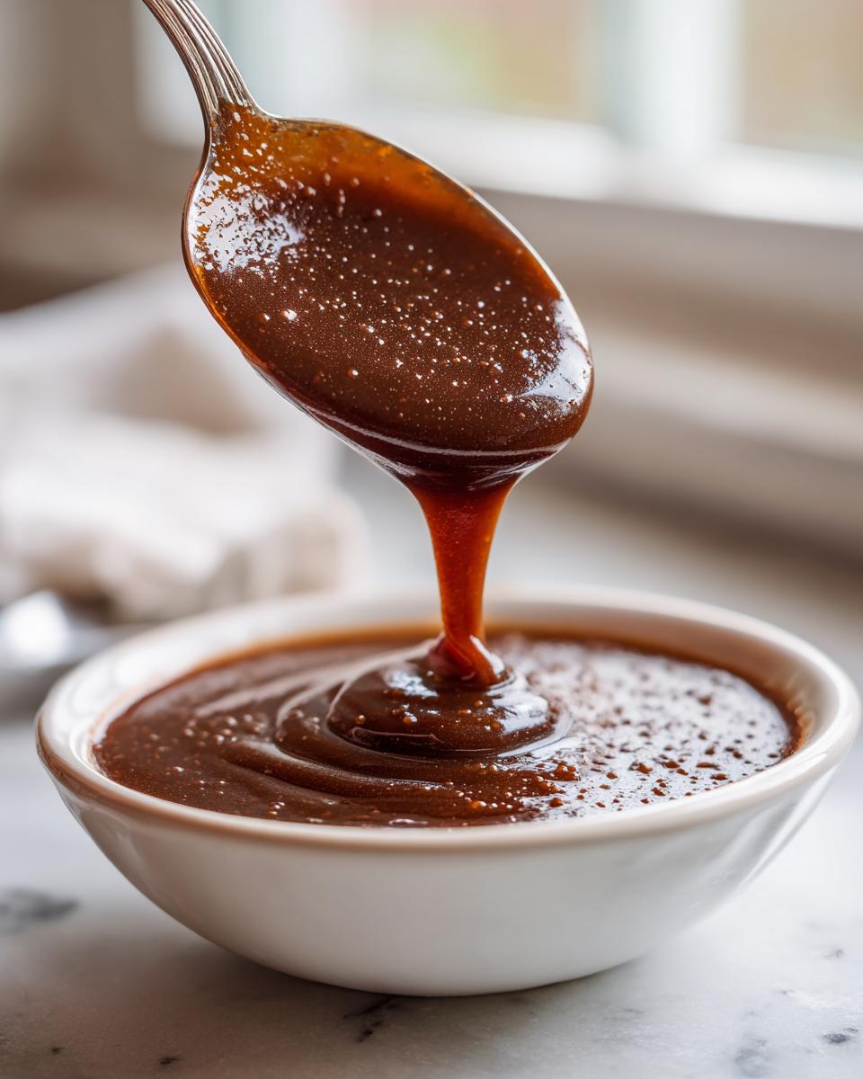 A spoonful of thick, rich homemade brown gravy is dripping back into a small white bowl.