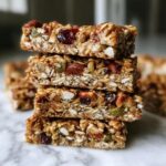 Close-up stack of four chewy homemade granola bars packed with oats, almonds, cranberries, and pumpkin seeds.