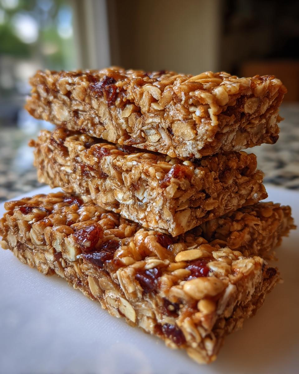Close-up of a stack of three chewy homemade granola bars packed with oats, nuts, and dried fruit.