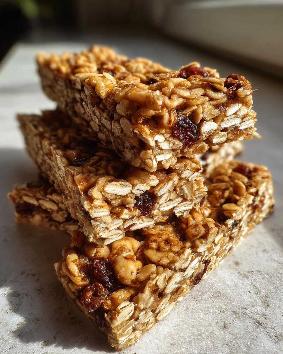 A close-up stack of four chewy homemade granola bars packed with oats, nuts, and dried fruit.