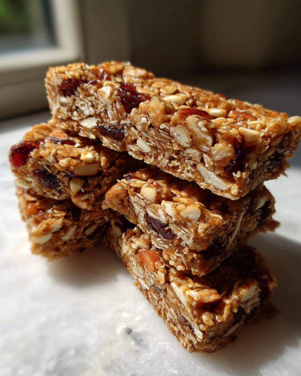 Close-up of a stack of chewy homemade granola bars packed with oats, nuts, and dried cranberries.