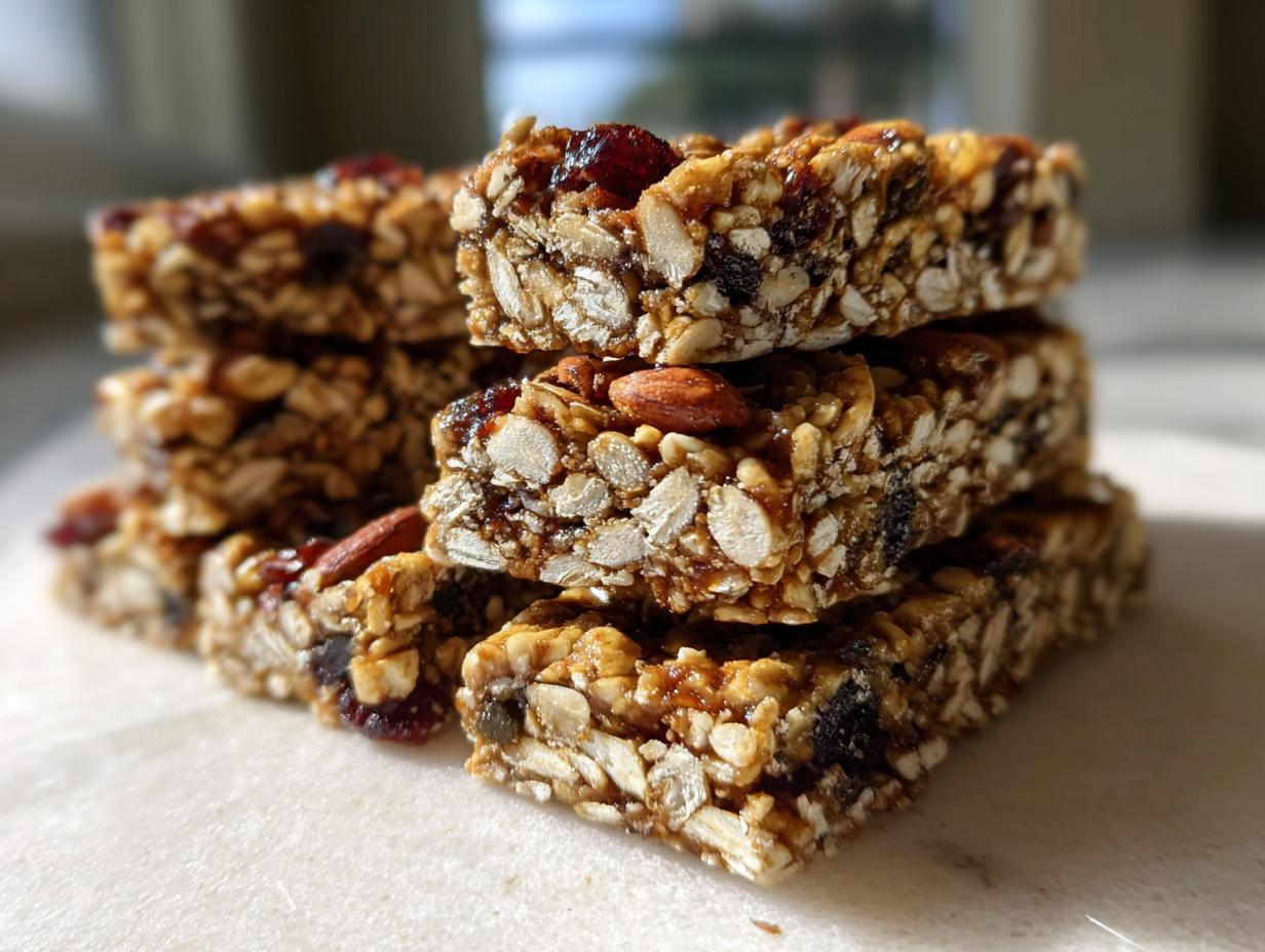 A stack of chewy homemade granola bars packed with oats, almonds, seeds, and dried cranberries.