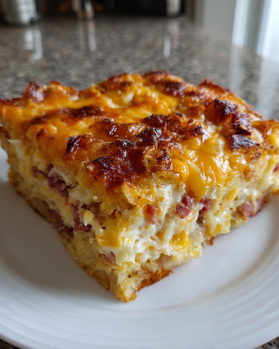 A square slice of homemade reuben bake with a golden, bubbly cheese topping, served on a white plate.