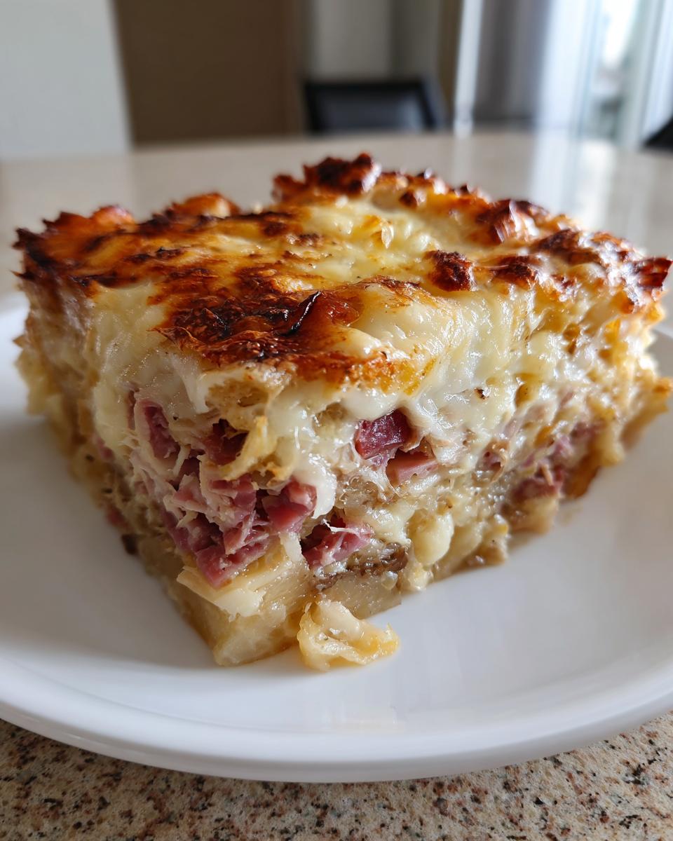 A close-up of a square slice of homemade reuben bake topped with bubbly, browned cheese.