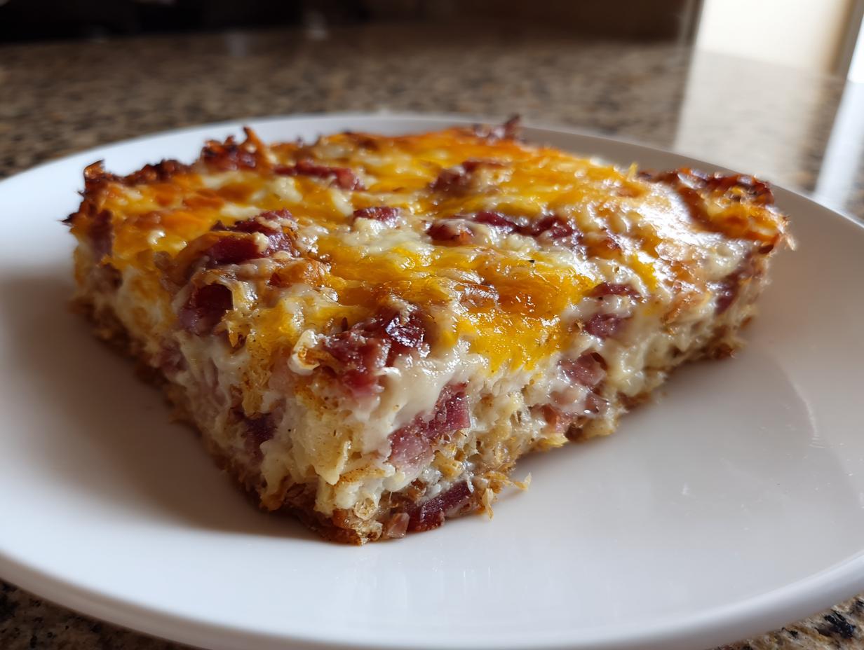 A close-up of a square slice of homemade Reuben bake topped with melted cheddar and Swiss cheese.