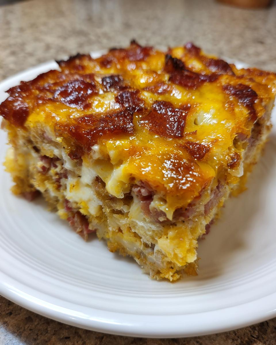 A close-up of a square slice of homemade reuben bake with a deeply browned, cheesy top layer.