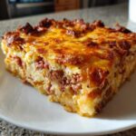 Close-up of a square slice of homemade Reuben bake with a golden, cheesy, browned top layer.