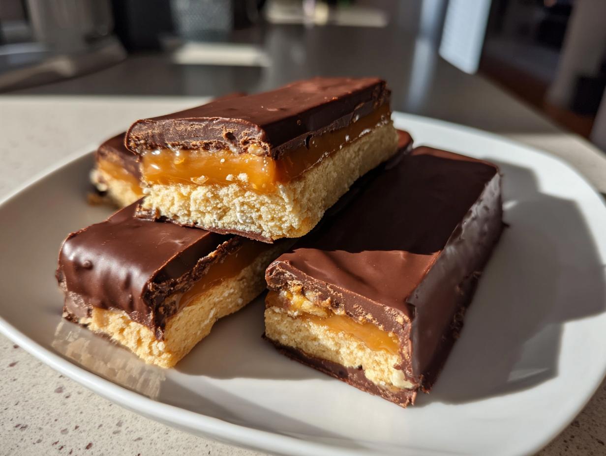 Close-up of several homemade twix bars showing the shortbread base, caramel layer, and chocolate coating.