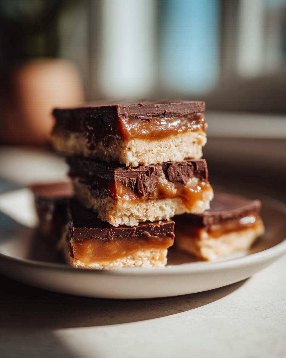 A stack of three homemade twix bars featuring a shortbread base, gooey caramel, and dark chocolate topping.