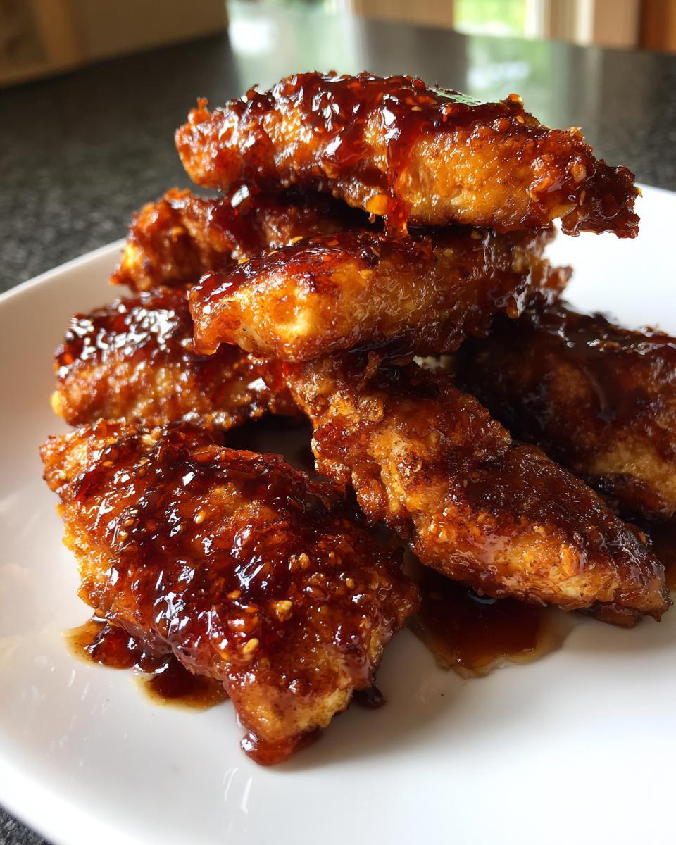 A stack of crispy fried hot honey chicken tenders generously coated in a thick, shiny, dark glaze with visible sesame seeds.