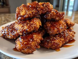 A close-up of a mound of crispy hot honey chicken tenders generously coated in a thick, shiny, dark glaze with sesame seeds.