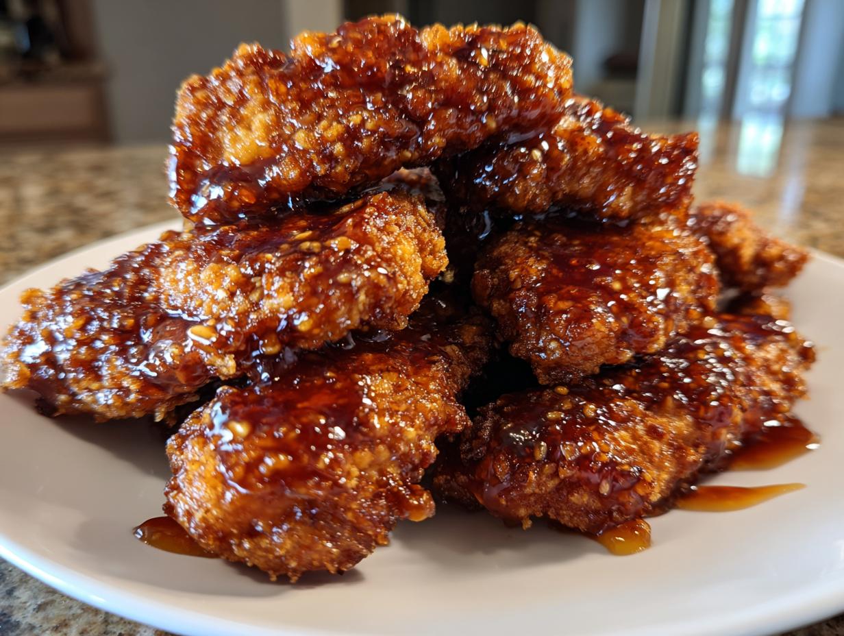 A close-up of a mound of crispy hot honey chicken tenders generously coated in a thick, shiny, dark glaze with sesame seeds.