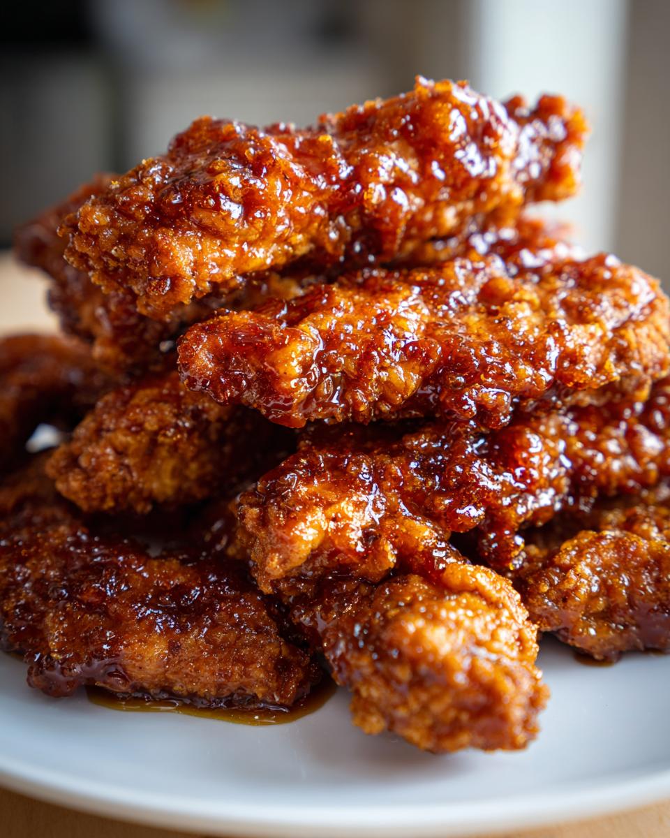 Close-up of crispy, glazed hot honey chicken tenders stacked high on a white plate, glistening with sauce.