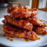 A close-up stack of crispy hot honey chicken tenders dripping with a thick, shiny glaze.