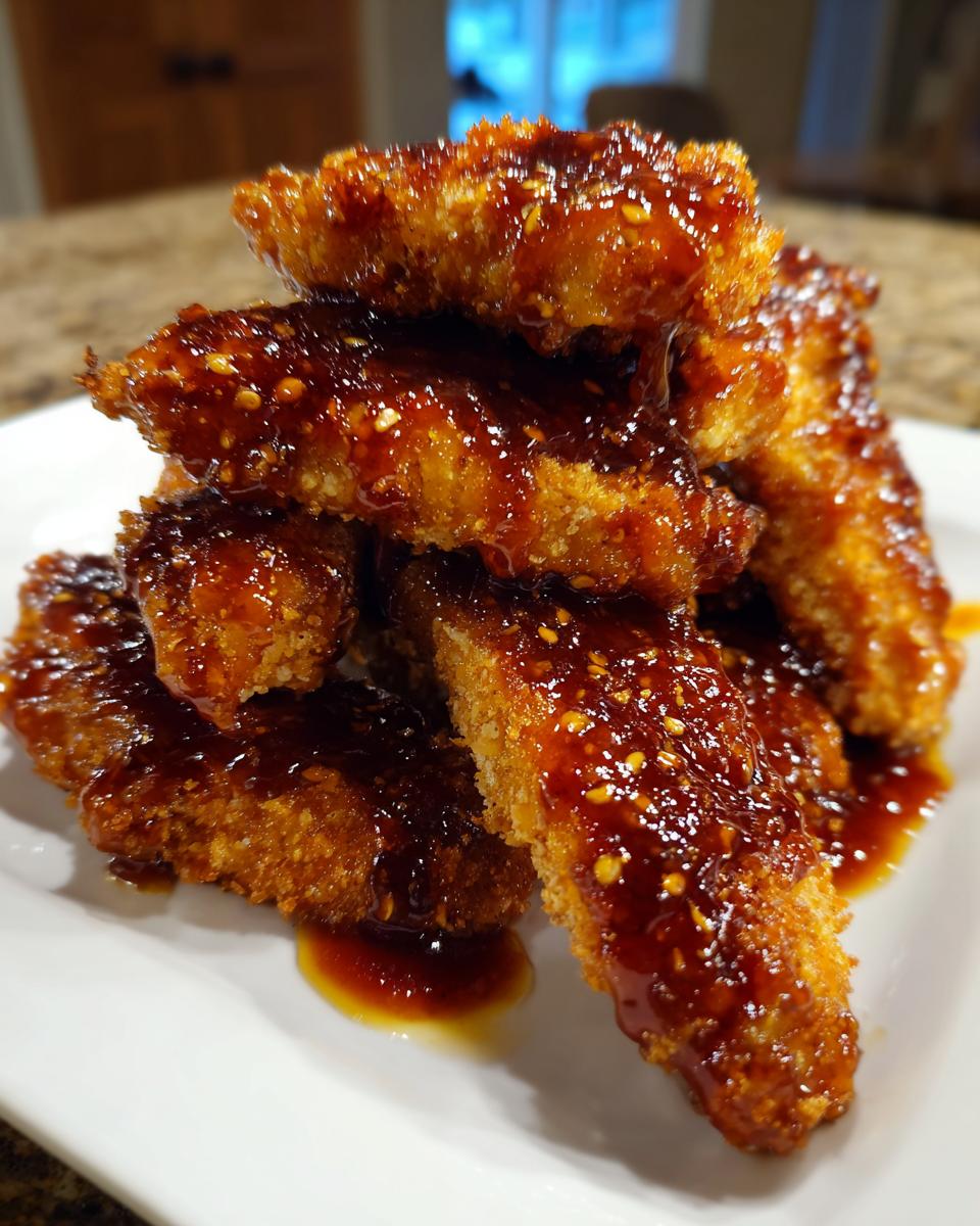 A close-up stack of crispy, golden hot honey chicken tenders generously coated in a thick, shiny, dark glaze sprinkled with sesame seeds.