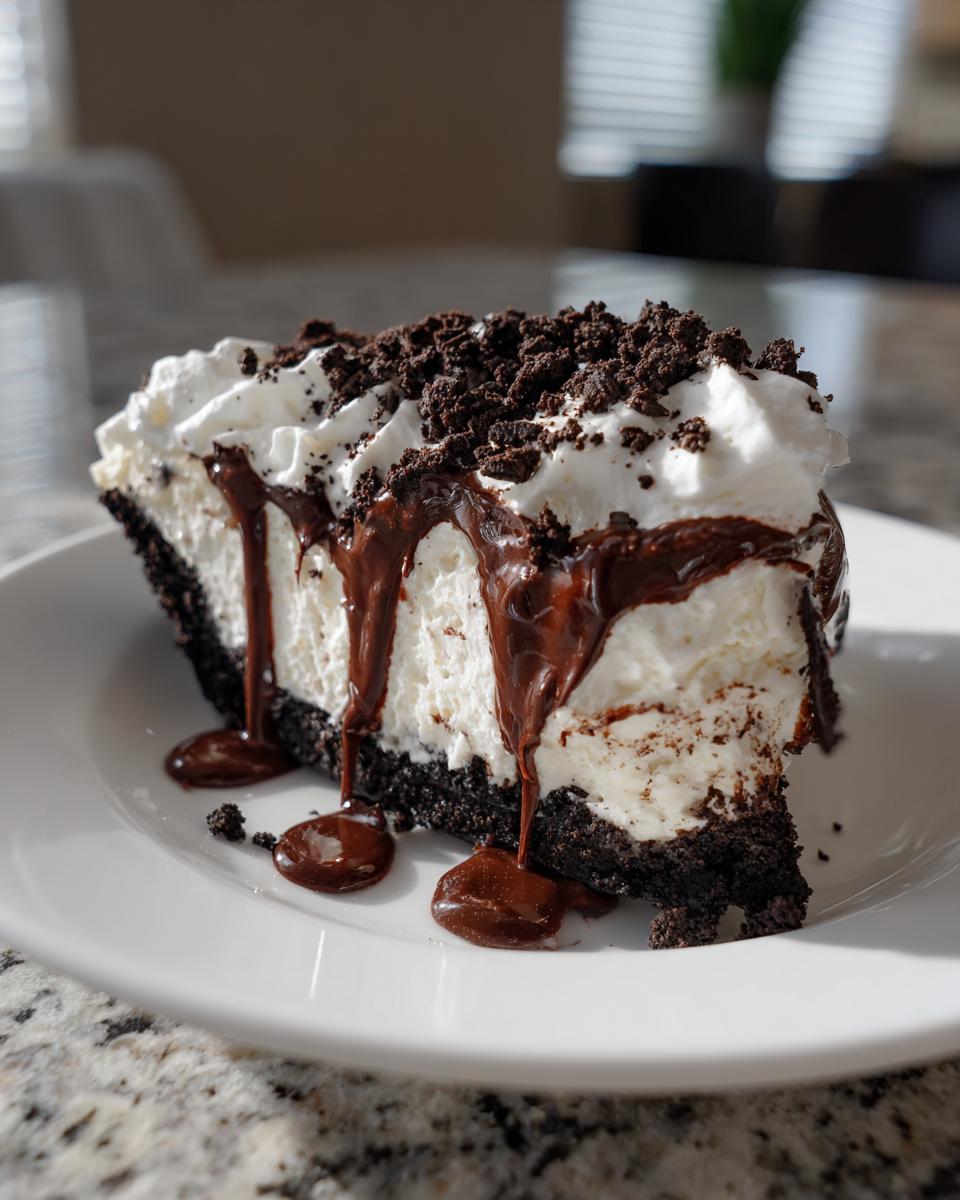 A delicious slice of ice cream pie with a dark cookie crust, white filling, whipped topping, and chocolate syrup drizzle.